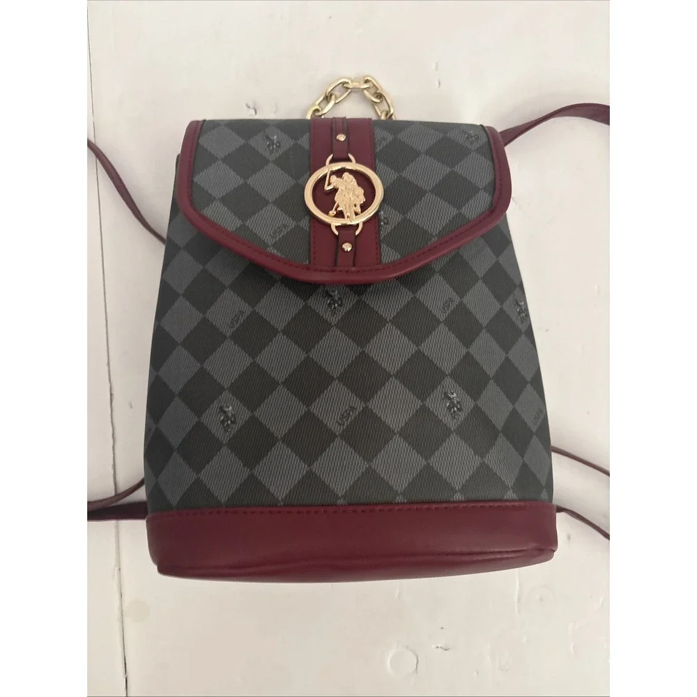 US Polo Assn USPA Diamond Gold Medallion Backpack Purse Bag Gold Handle EUC